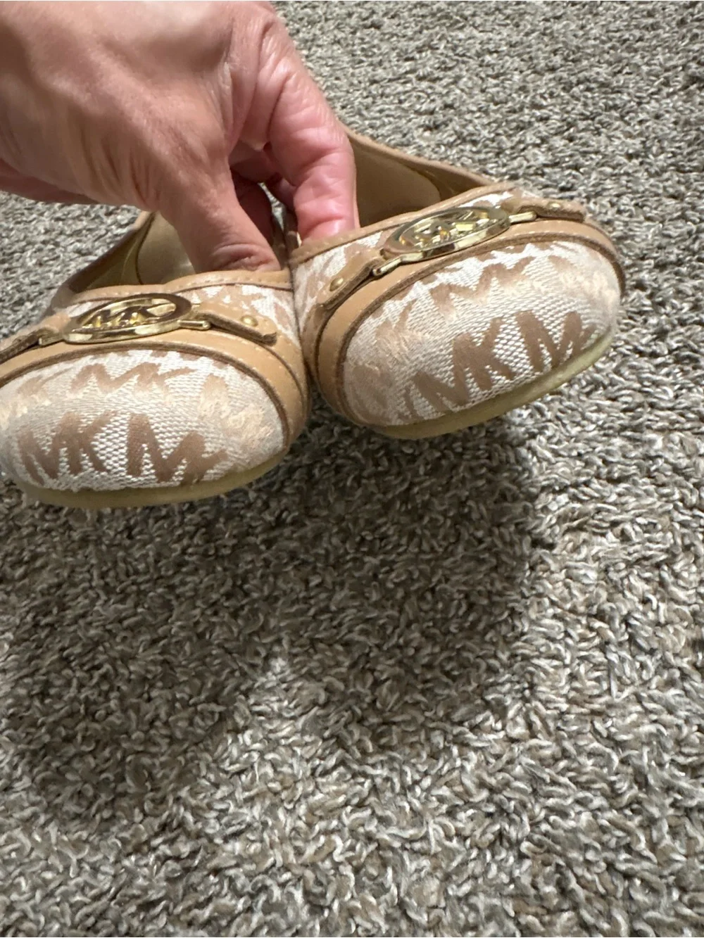 Michael Kors Beige Logo Jacquard Ballet Flats with Gold MK Medallion